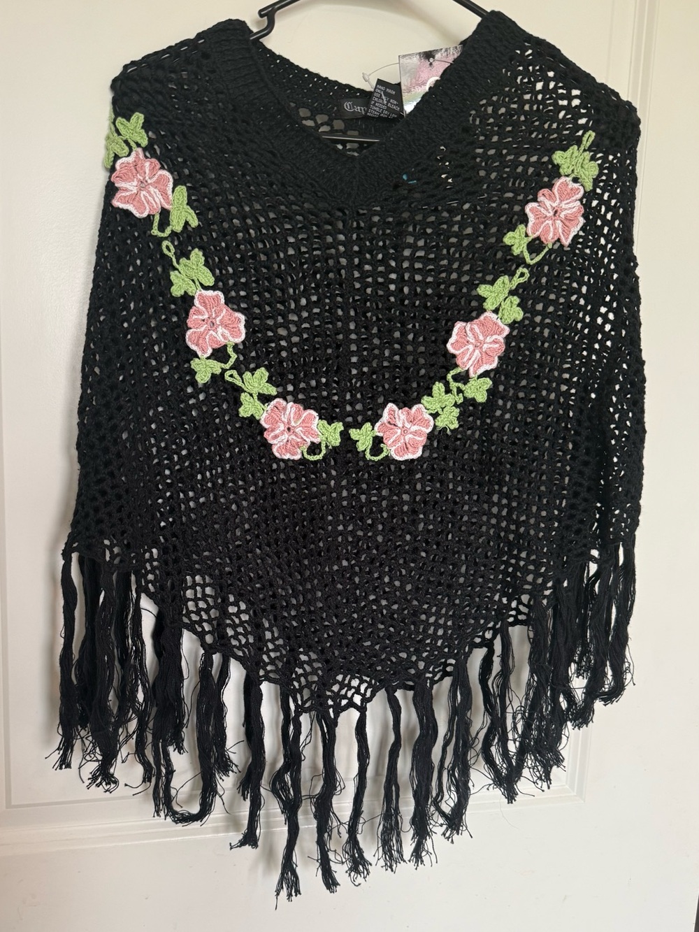 Black Crochet Poncho with Pink Floral Appliqué - Brand: Untitled